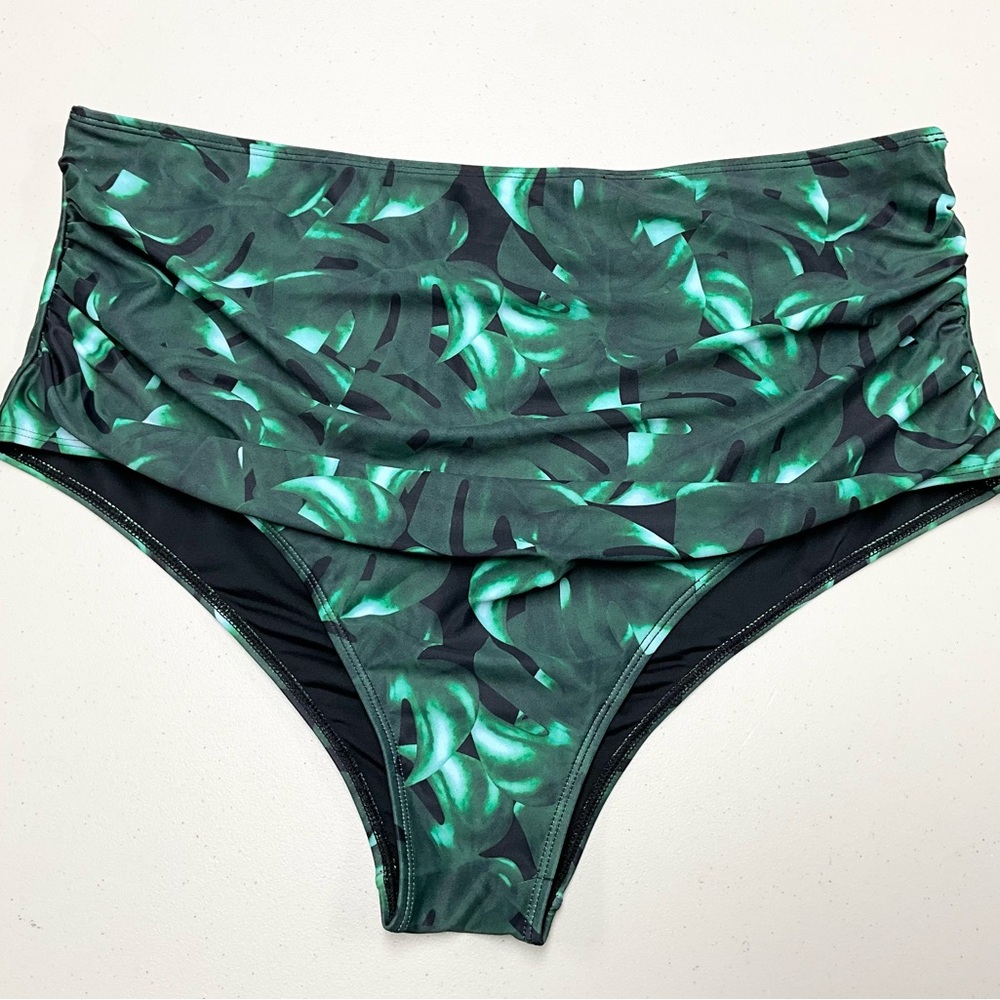 High-Waisted Green Leaf Print Swim Bottom